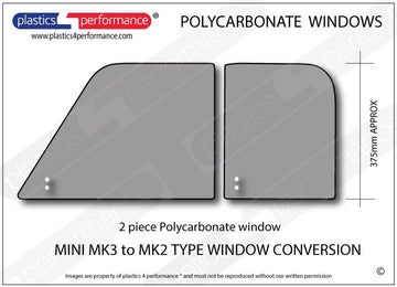 ポリカーボネート 左フロントドアウインドウ 2ピース（MK3→MK2仕様）｜Mini MK3 onwards 1