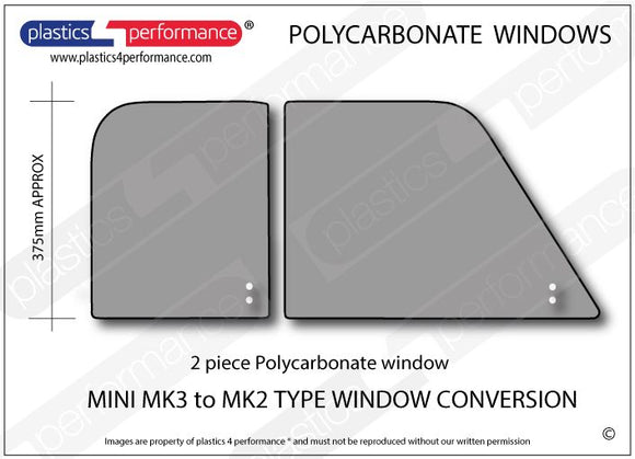 ポリカーボネート 右フロントドアウインドウ 2ピース（MK3→MK2仕様）｜Mini MK3 onwards 1